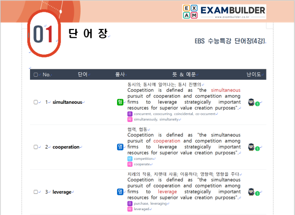 생성된 단어 학습지 PDF — 펭스코어 배지와 유의어 / 반의어가 보이는 페이지