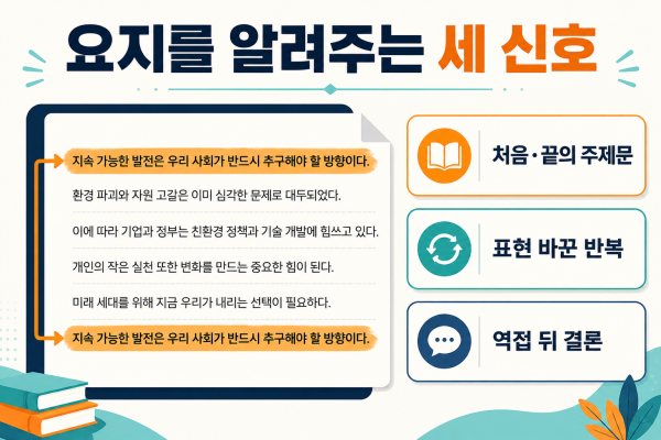 요지를 알려주는 세 가지 신호 — 처음·끝의 주제문, 표현 바꾼 반복, 역접 뒤 결론